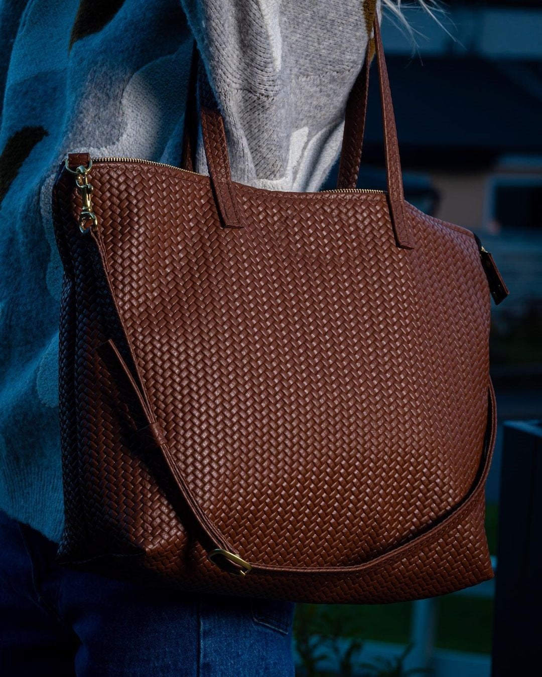 Handmade Woven Original Leather Bag With Zipper-Tan Brown