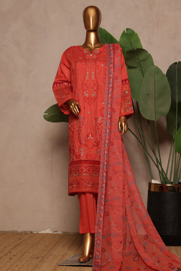 Bin Saeed Stitched 3 Piece Luxury Plain Cotton With Chiffon Dupatta Collection'2025-SMPC-1873-Pink