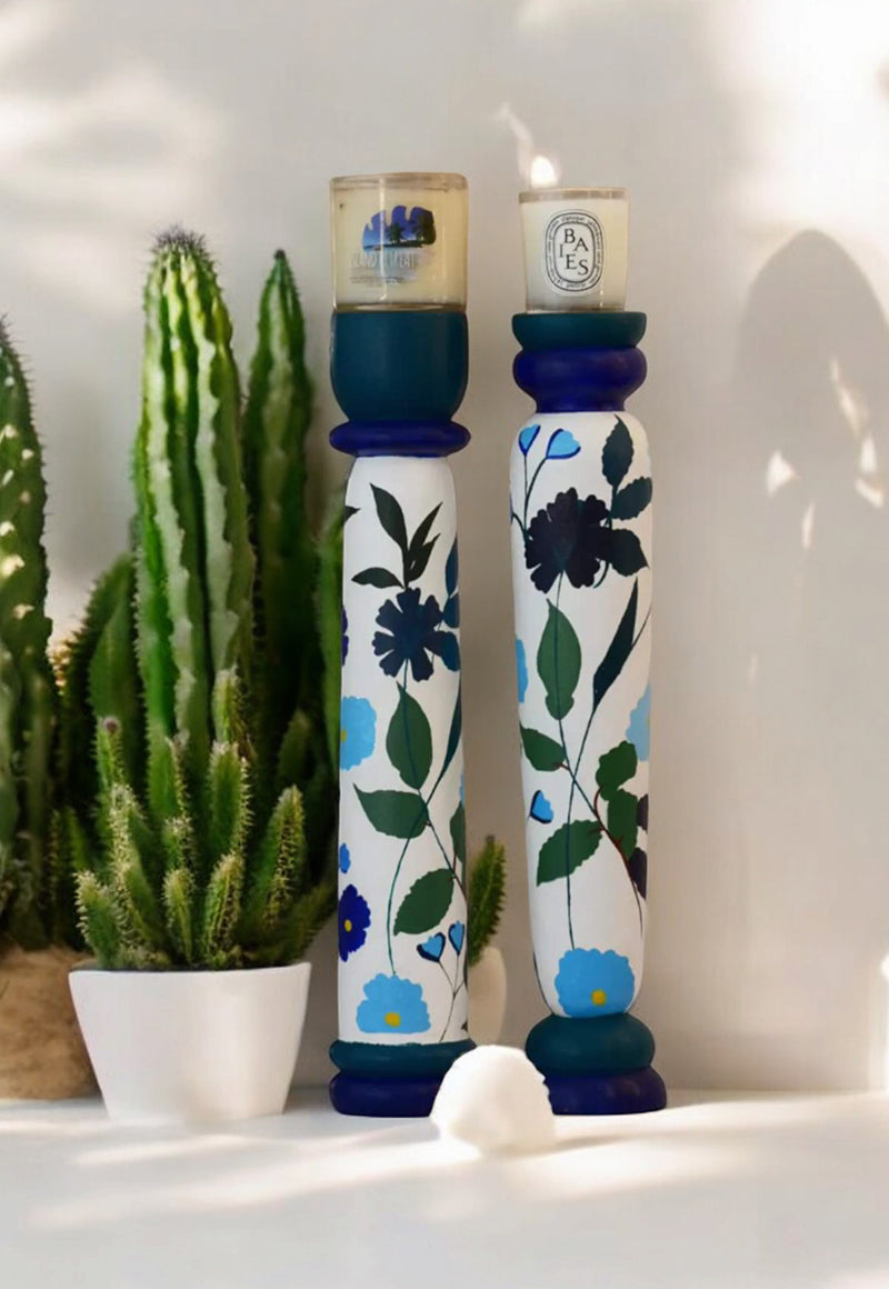 Peacock blue candle stands pair