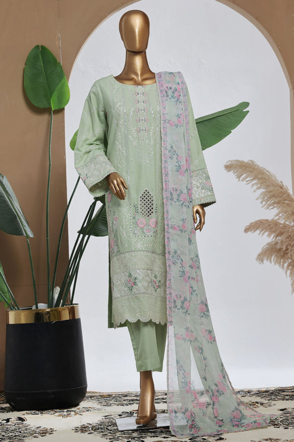 Bin Saeed Stitched 3 Piece Luxury Plain Cotton With Chiffon Dupatta Collection'2025-SMPC-2072-Pista