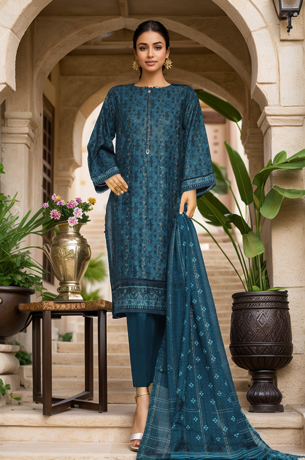 Damask By HZ Stitched 3 Piece Prints Jacquard Collection'2025-DPJ-034-Turquoise