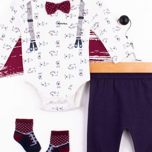 Baby Boy 3 Piece Mahroon Bow Gallis Print