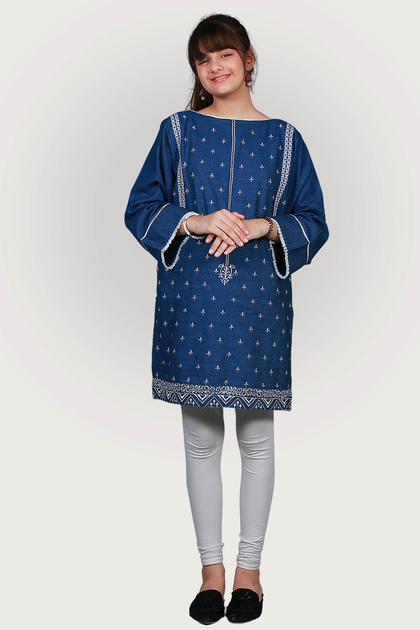 JEANS TENSILE EMBROIDRED FROCK SKU: KHW-0027