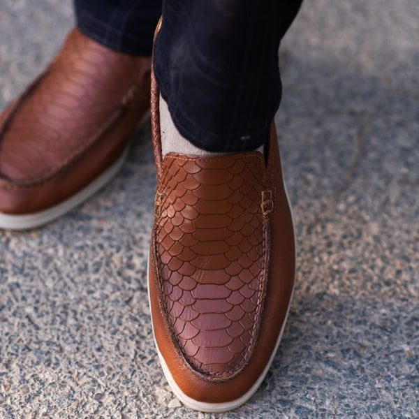Turkish-Made Crocodile Style Leather Shoes in Brown Color