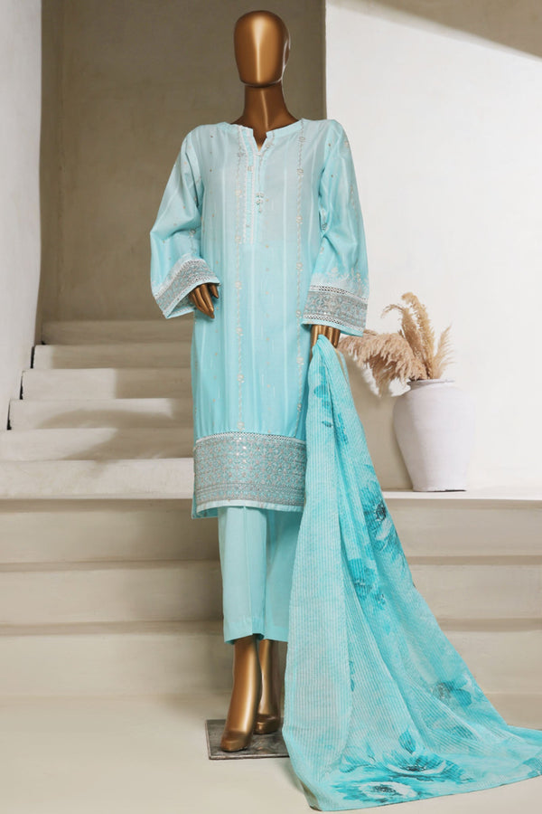 Ombre Damask By HZ Stitched 3 Piece Emb Jacquard Series Collection'2025-PSJ-031-Sky Blue