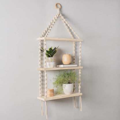 3-Tier Macrame Floating Wall Shelf Hanging Wooden Shelves