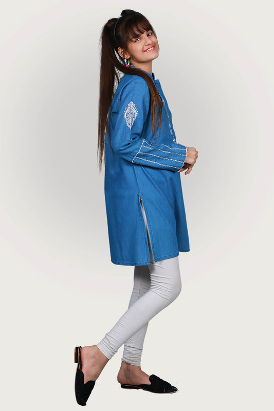 JEANS TENSILE EMBROIDRED FROCK SKU: KHW-0026