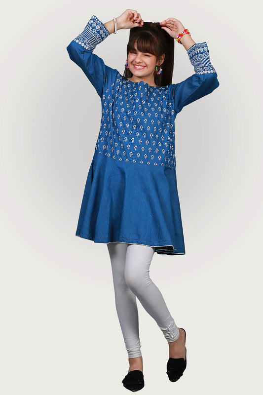 JEANS TENSILE EMBROIDRED FROCK SKU: KHW-0025