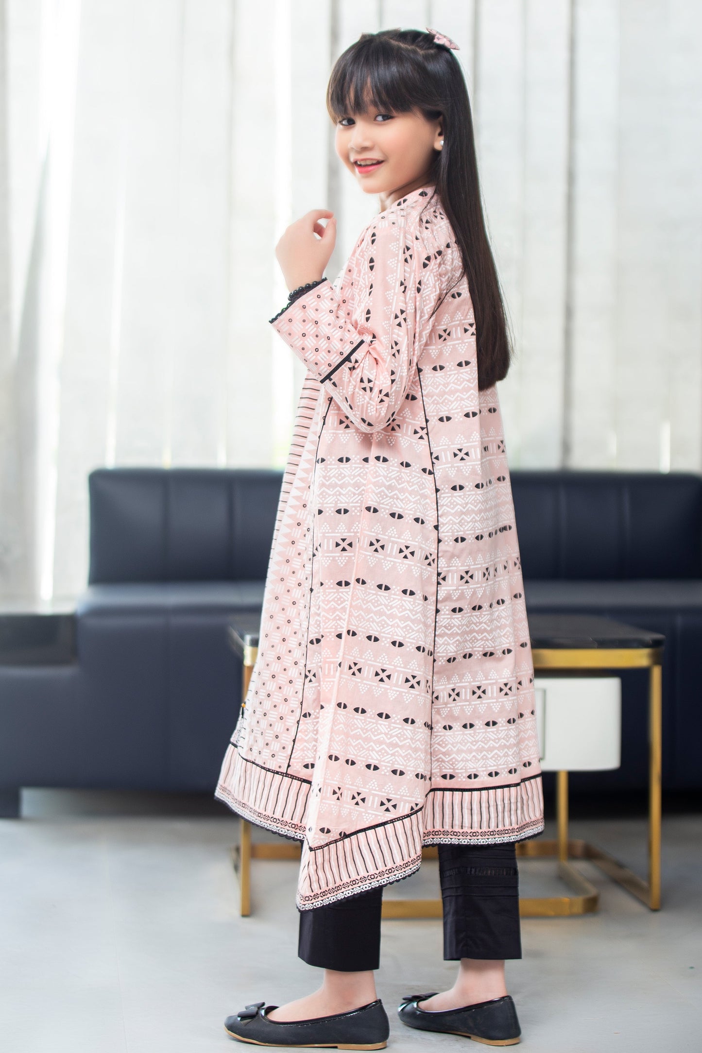 2PCSFRK-042, Baby pink cotton lawn 2 pc dress with combination of black lace
