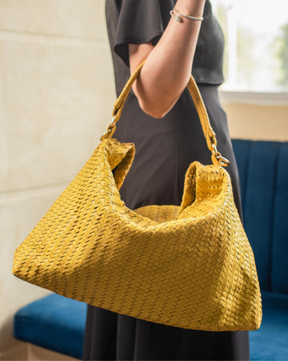 Handmade Woven Original Leather Bag With Zipper-Yellow