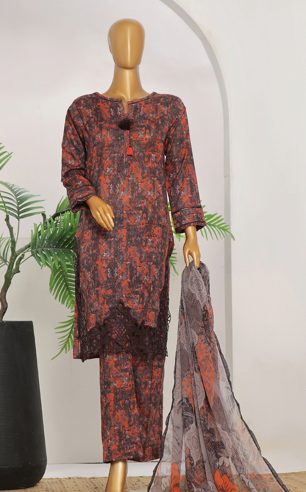 HZ Textile Print & Needle Embroidered Cotton 3 Piece Stitched Suit HZ24P&NV2 ECL-412