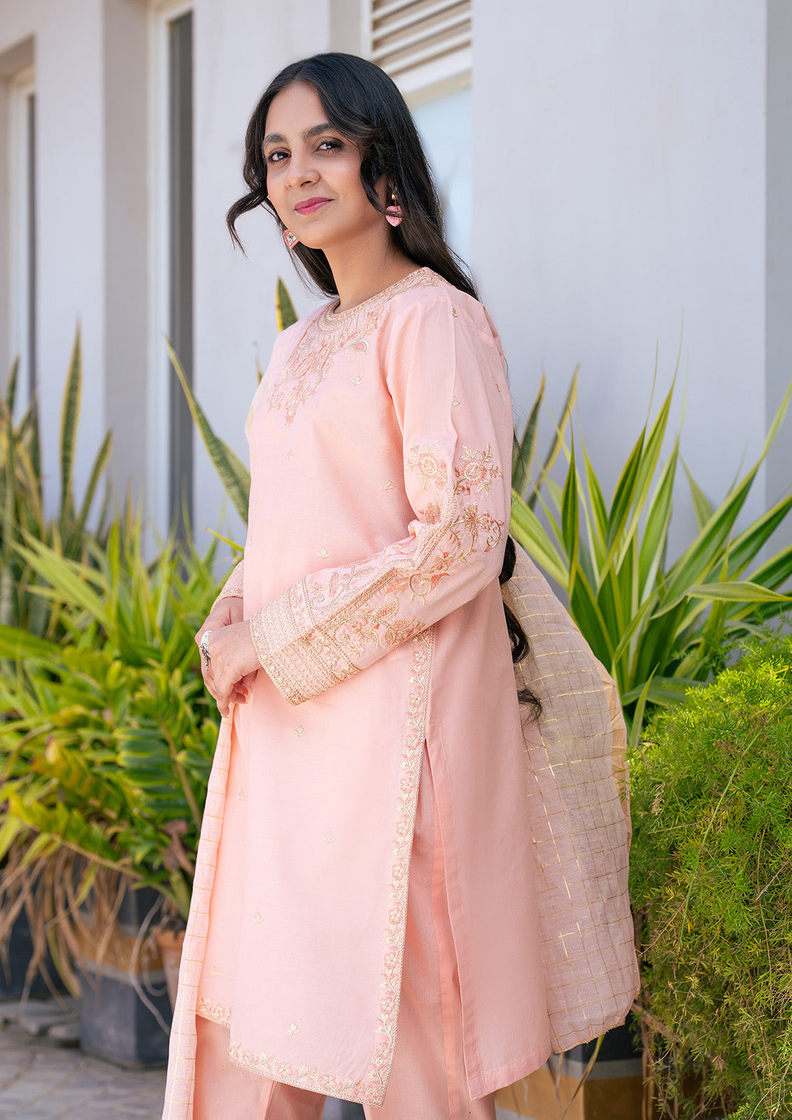 T-SFC-005, Embroidery shirt with plan trouser and peach dupatta, 3 Pcs Suit