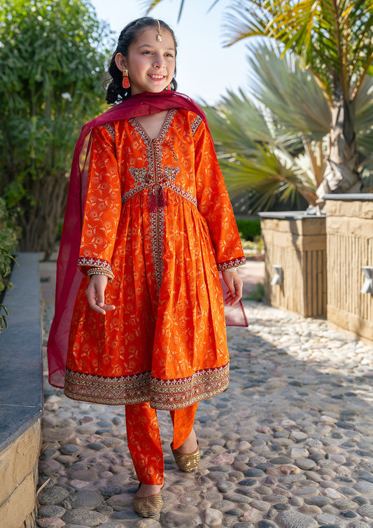 K-SFC-002,  Table Print Border Embroidery Dress 3 Pcs Suit