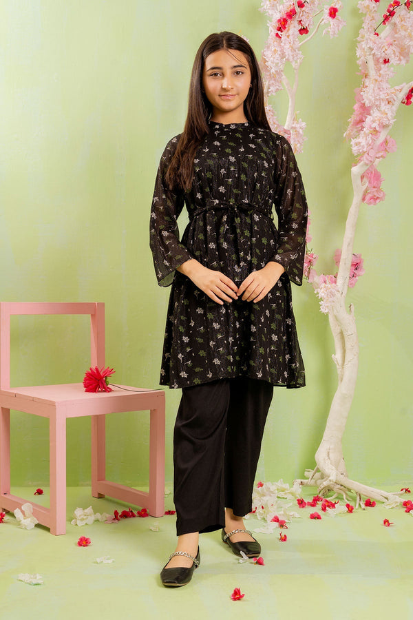 Ochre Clothing Girls Full Suits Printed Zari Chiffon 2 Pc Suit