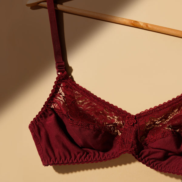 Intimage, Half Lace Cotton Unpadded Bra, MAROON