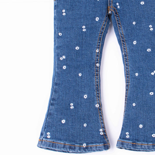 Girl Dark Blue Embroidery Flower Denim Bell Bottom