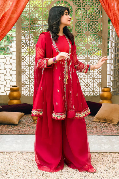 Red Embroidered Angrakha 3 Piece Suit /Organza Fabric SKU:  RTWFDS-014