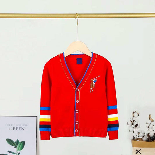 Girl Red Front open Multi Stripes Full Sleeve Sweater