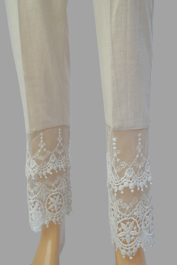 Urban Cut Linen Ivory Fabric double Embroidery Stitched Trouser  - 100% Cotton  - Pre Shrinked
