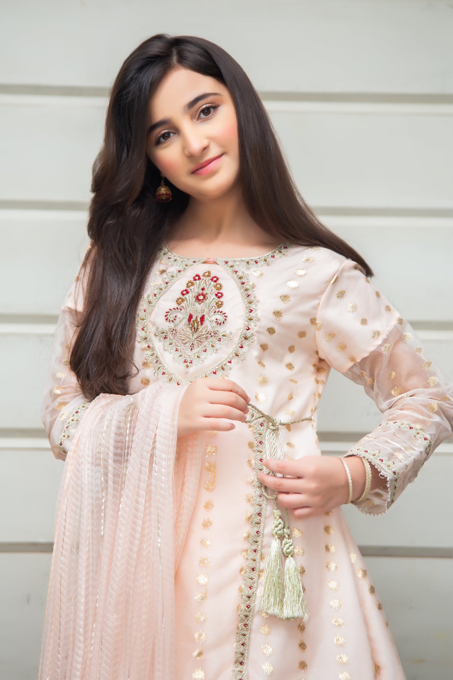 RTWFDS-004, Cream Pink color 3pcs embroidered dress