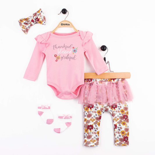 Baby Girl 4 Piece Set Pink Grateful Print