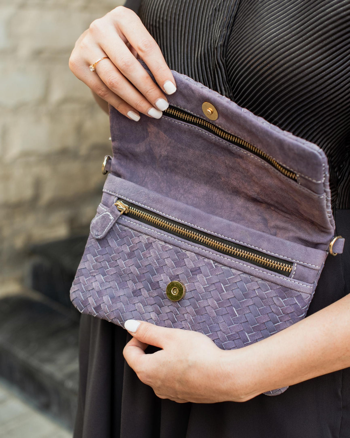 Woven Dreams Fold Over Cross Body Leather Clutch- Zipper