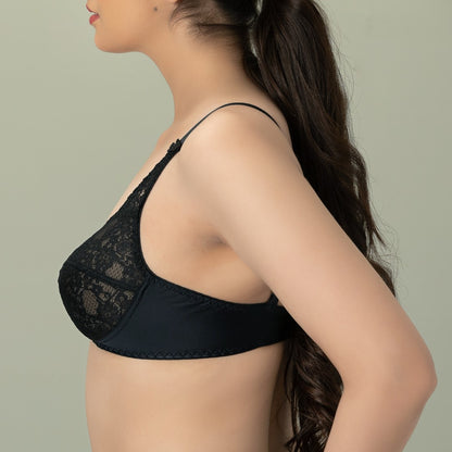 MARVEL Rosette, Soft Lace Cup Unpadded Polyester Jersey Bra, BLACK