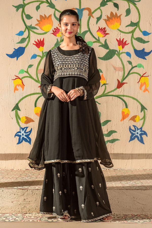 Ochre Clothing Girls Full Suits Chiffon Embroidered 3 Pc Suit