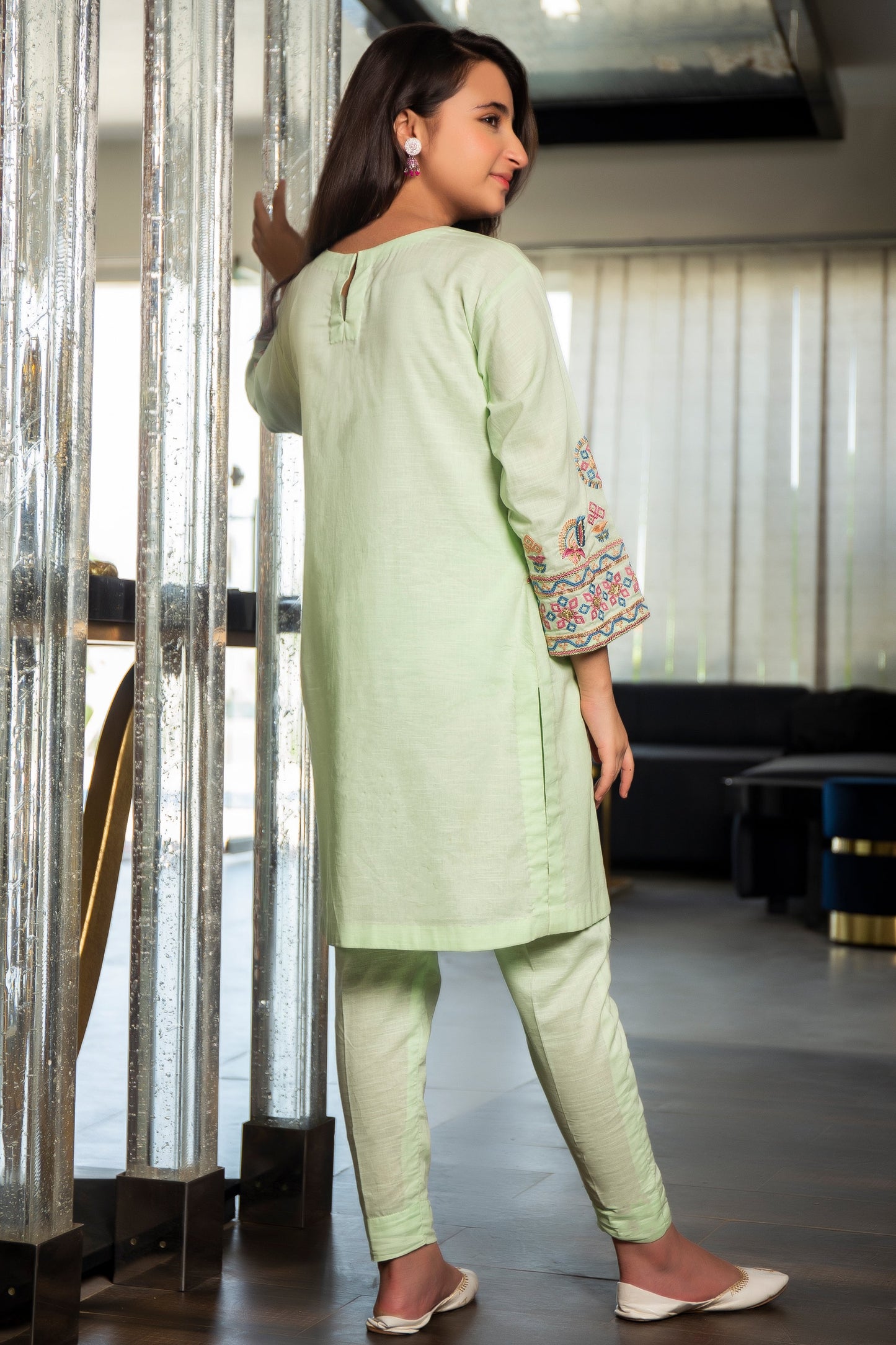 2PCS-061, Green lawn cotton 2 pc dress with mutli color embroidery