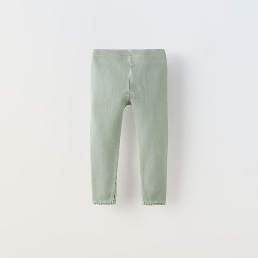 Baby Girl Sea Green LACE-TRIMMED WAFFLE-KNIT LEGGINGS