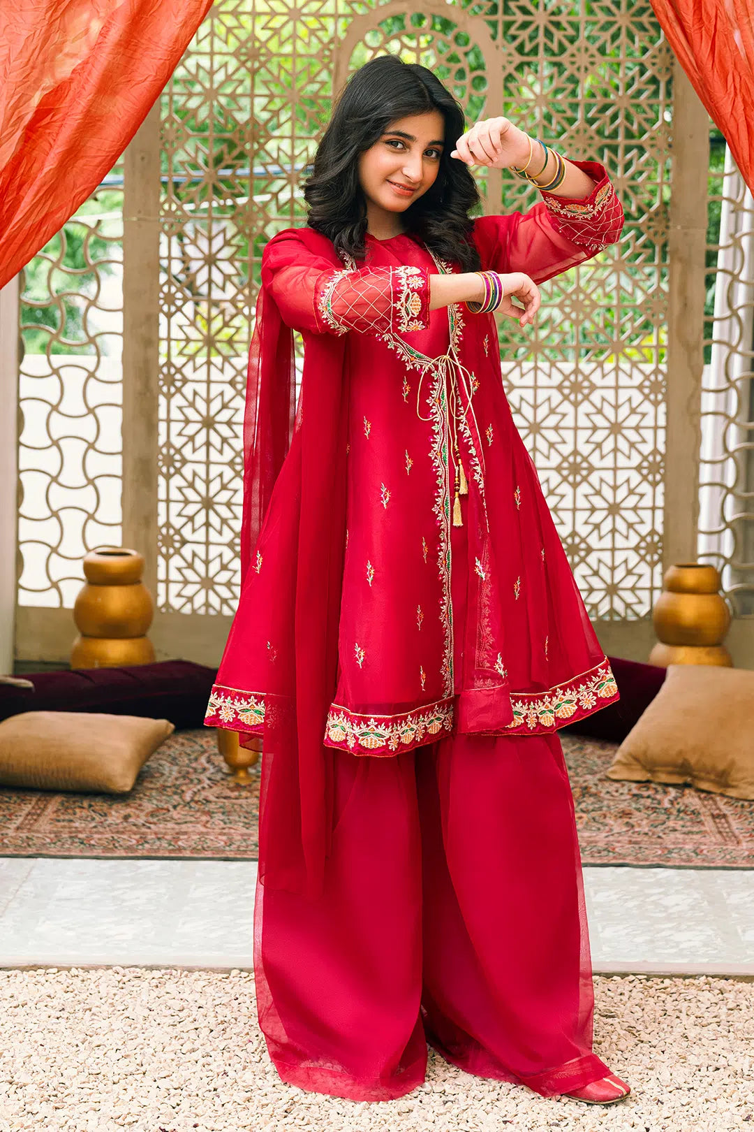 Red Embroidered Angrakha 3 Piece Suit /Organza Fabric SKU:  RTWFDS-014