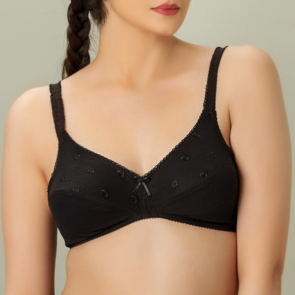 Tulips, Cotton embroidered Unpadded Bra, BLACK
