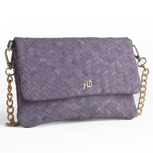 Woven Dreams Fold Over Cross Body Leather Clutch- Zipper