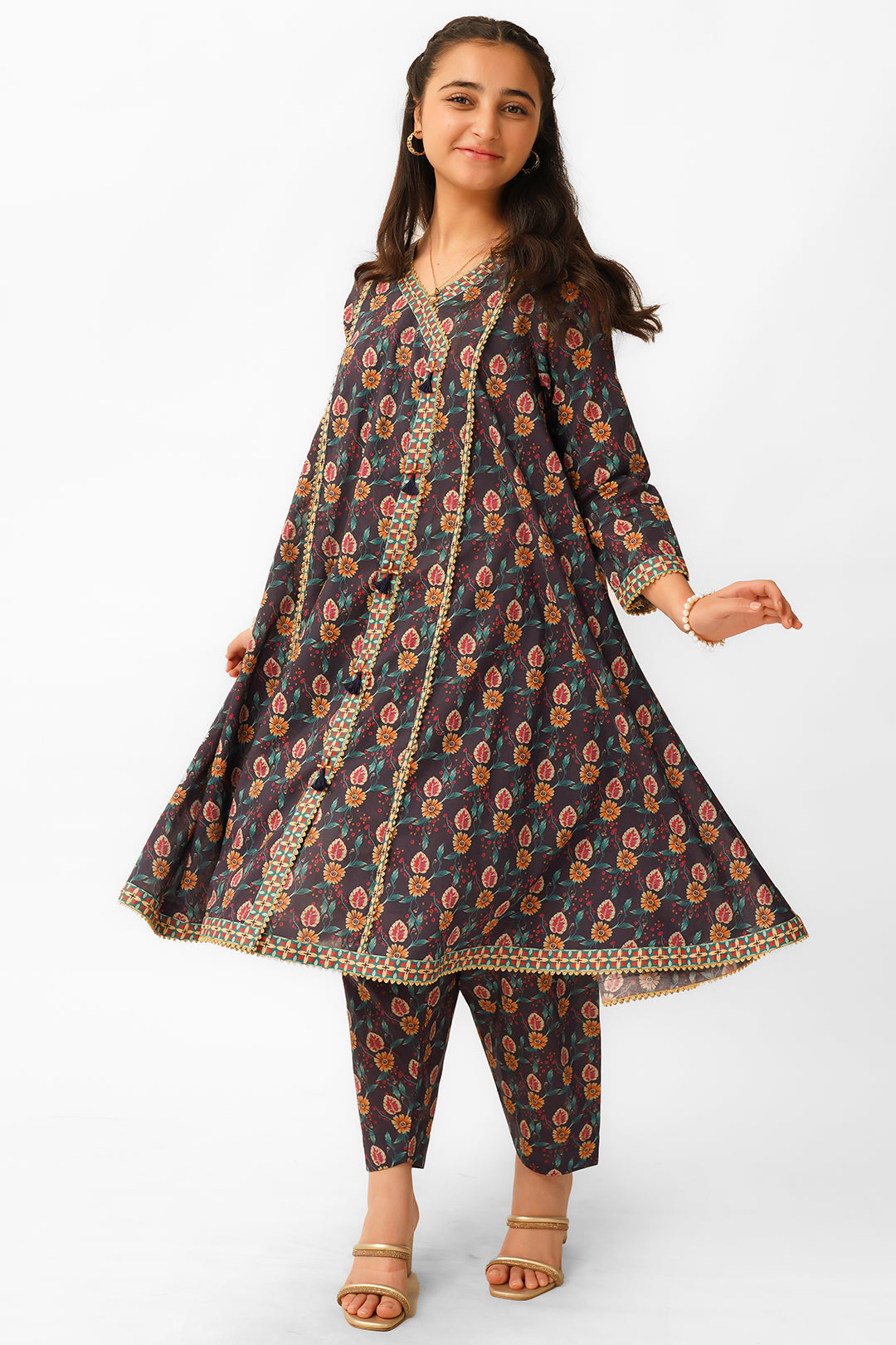 T-ALPRTW-034, Lawn printed Angrakha style frock with the pear of shalwer