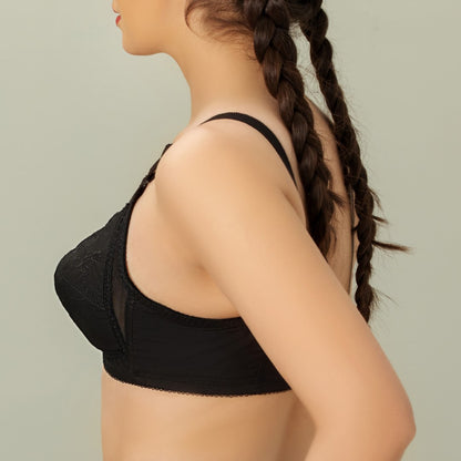 DORIA Cotton, Cotton Embroidered Unpadded Control Bra, BLACK