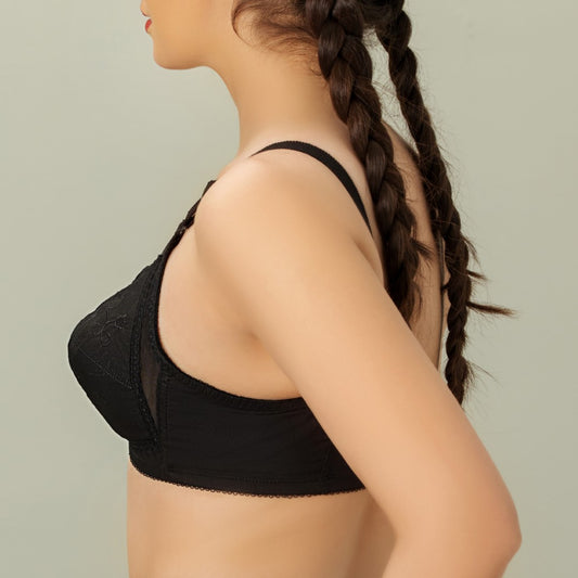 DORIA Cotton, Cotton Embroidered Unpadded Control Bra, BLACK