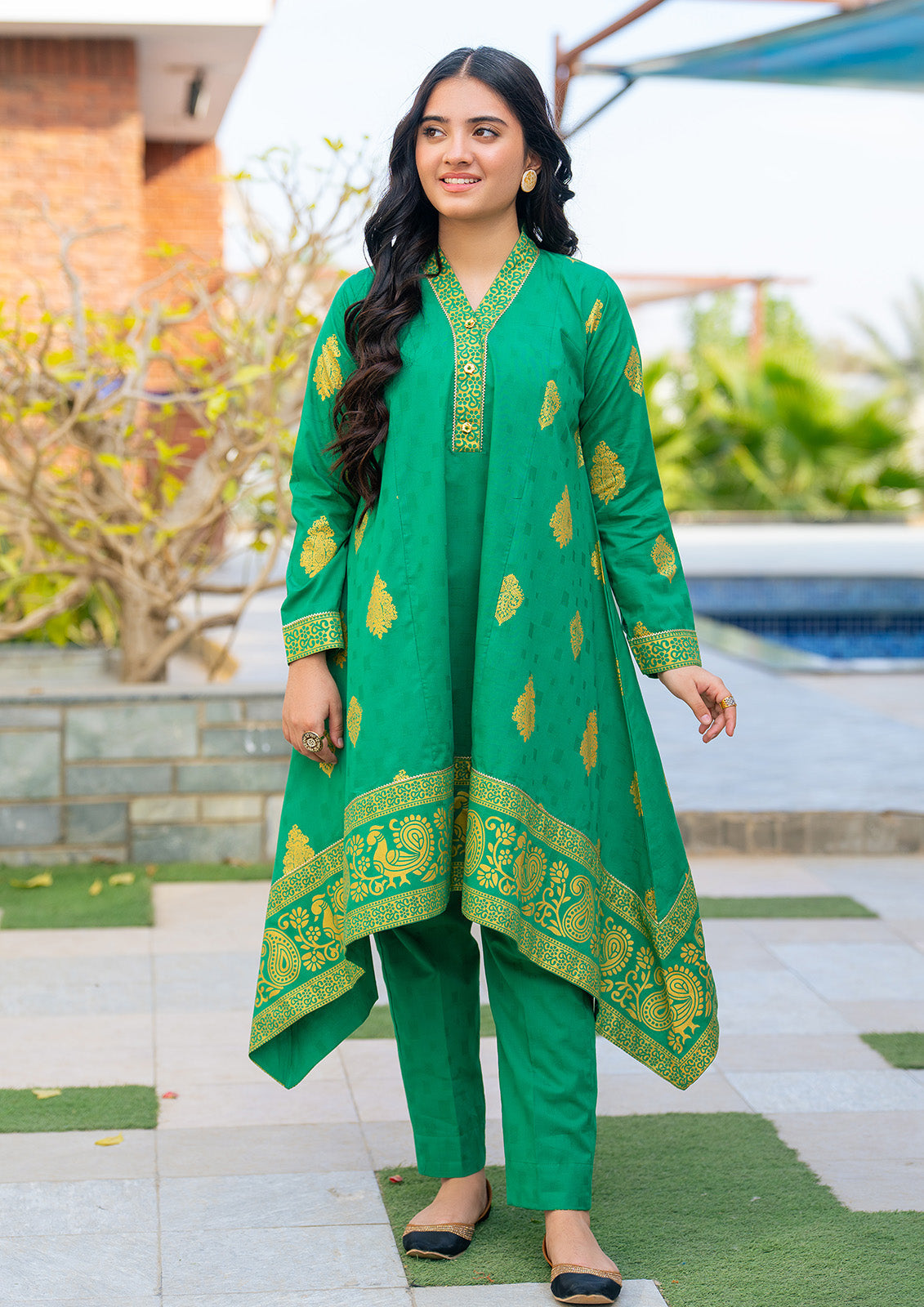 JK-PRT-004, 3 Pcs Suit, ALL OVER gold PRINTED Frock and Trouser with duppata