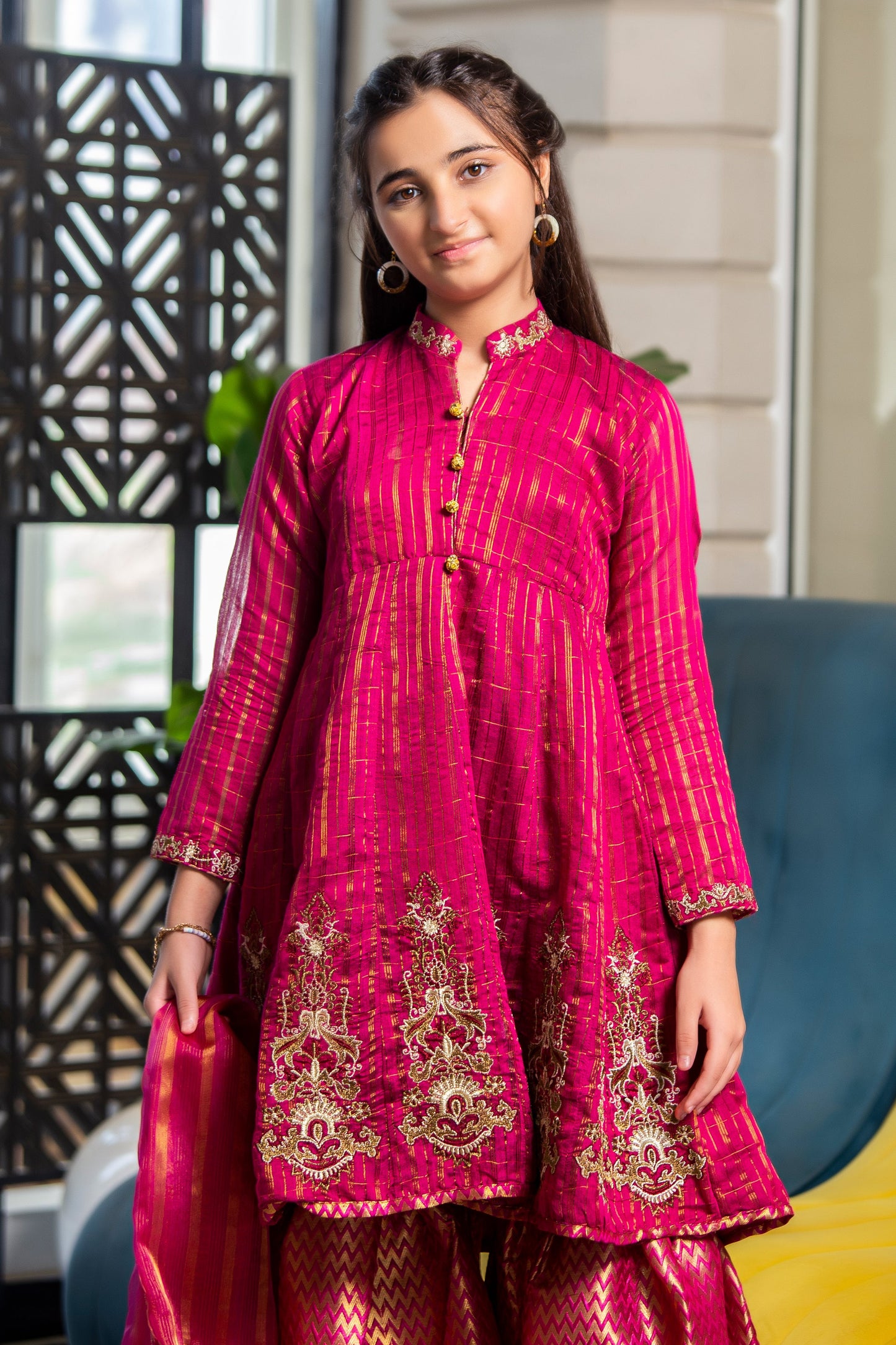 RTWFDS-001, Dark pink dress with the combination or golden brown embroidery on orgenza jaquard