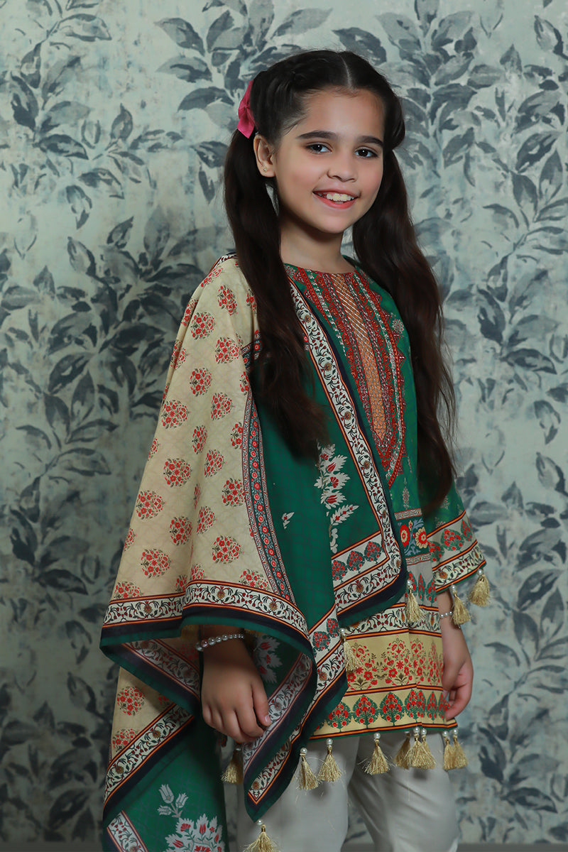 3PCS-077 Digital Printed Embroidered Lawn Shirt, Dupatta & Cotton Trouser