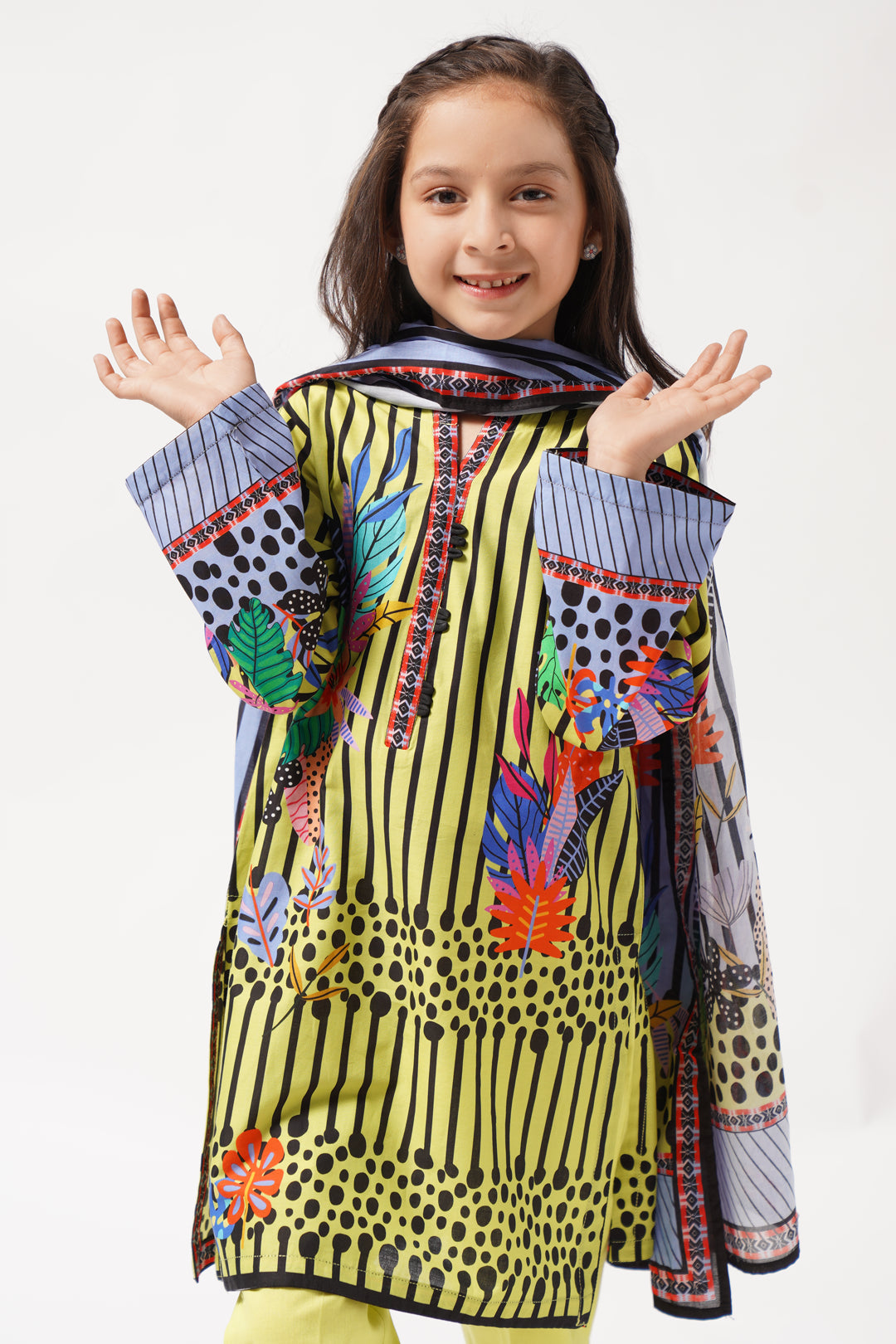 3Pcs Digital Printed Suit in Greenish Beige SKU: 3PCS-040