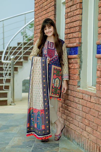 PRSDT-083 Digital Printed Embroidred Lawn Shirt, Dupptta & Cotton Trouser