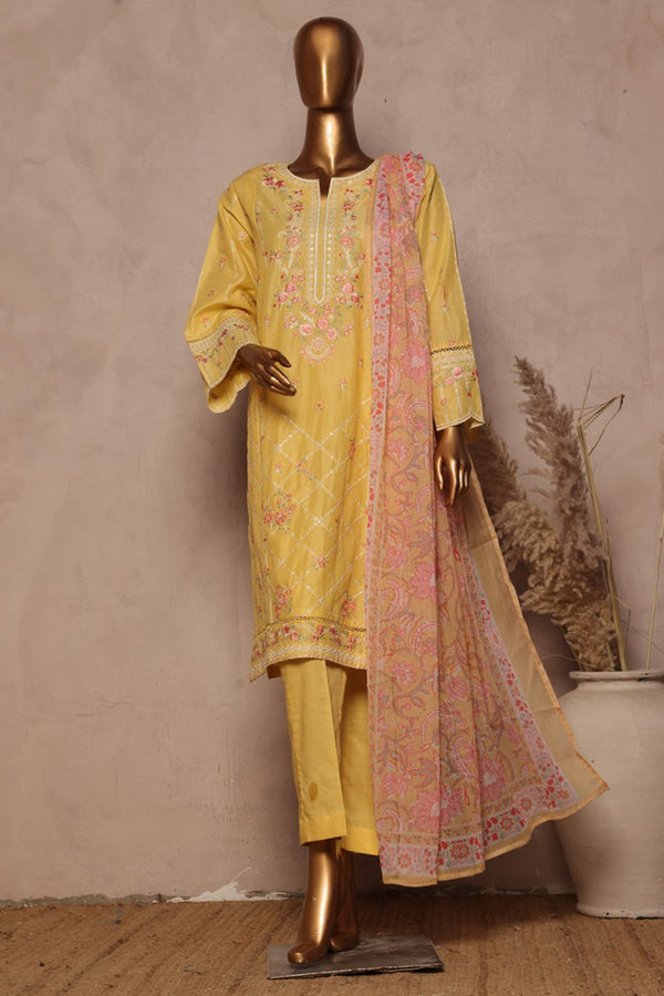 Bin Saeed Stitched 3 Piece Luxury Plain Cotton With Chiffon Dupatta Collection'2025-SMPC-1876-Yellow