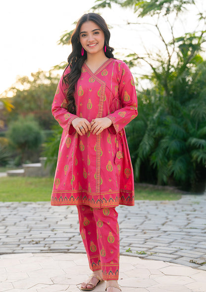T-ALPRTW-060, 2 Pcs Suit, dyeover gold Print Angrakha And Trouser