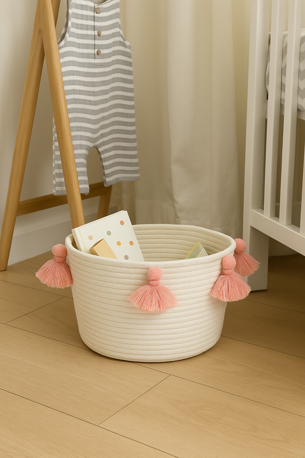 Round Cotton Rope Basket with Pink Tassels –Decorative Storage for Kids’ Rooms