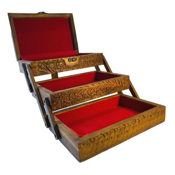 Three step-Wooden Craved Jewellery box