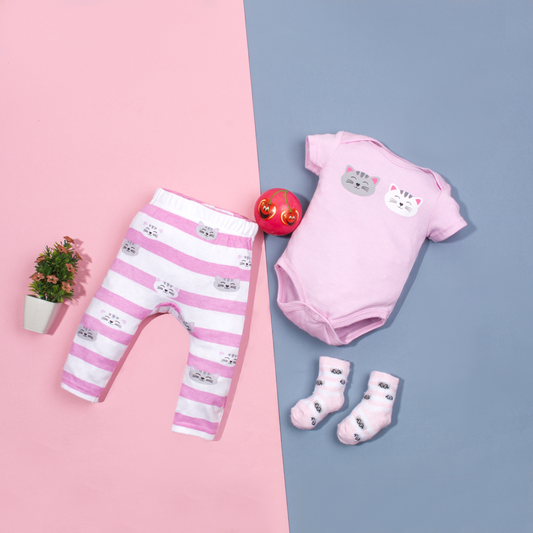 Hudson Baby 3 piece Set Pink Cat face Print