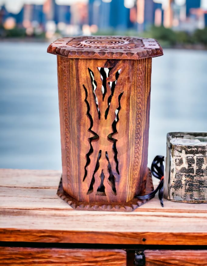 Hand Carved Wooden Cutwork Lamp Octagon Large