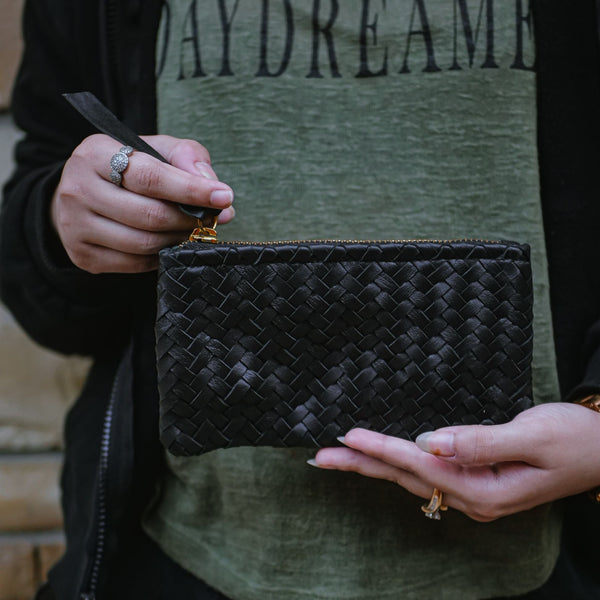 Coffer Mini Handwoven Leather Zipper Clutch-Black