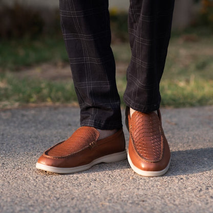 Turkish-Made Crocodile Style Leather Shoes in Brown Color