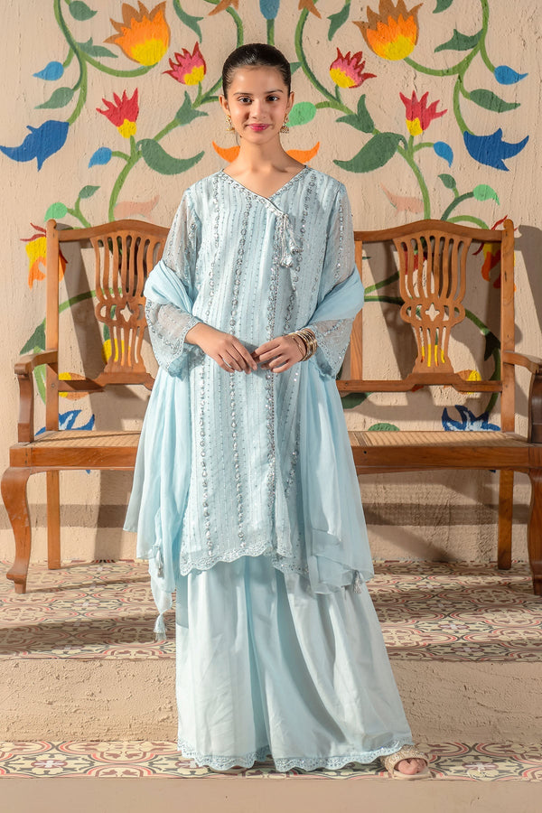 Ochre Clothing Girls Full Suits Chiffon Embroidered 3 Pc Suit